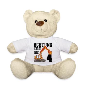 Achtung Ich Bin Jetzt 4 - Bagger 4. Geburtstag - Teddy - Weiß - Vorne