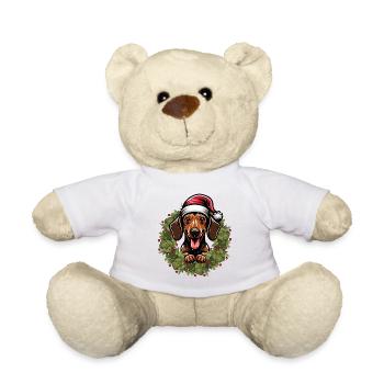 Teckel avec chapeau de Père Noël - chemise de vacances - Nounours - blanc - Devant