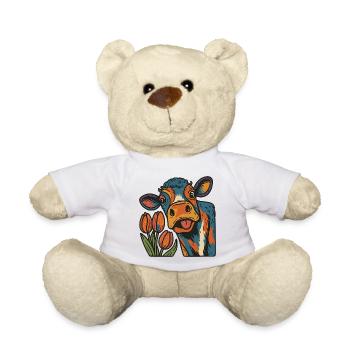 Artistic Dutch Cow and Tulips  - Teddy Bear - white - Front