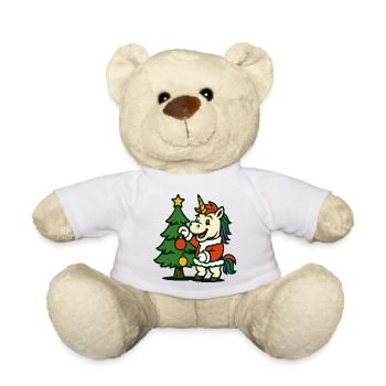 Santa Unicorn Decorating Christmas Tree Art - Teddy Bear - white - Front