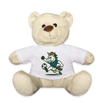 Unicorn Soccer Maskottchen kickt mit Kraft - Teddy - Weiß - Vorne