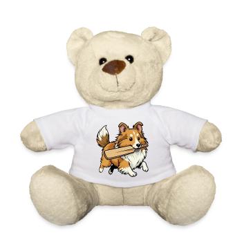 Chien de berger des Shetland avec une batte de cricket - Nounours - blanc - Devant