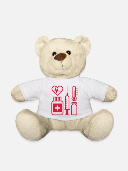 Rythme cardiaque, seringue, médicaments et thermomètres - Nounours - blanc