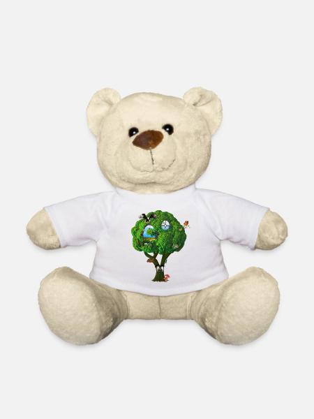 Baumhaus Fantasie Baum mit Augen Vögel Pilze - Teddy - Weiß