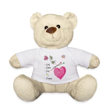 Coeur tricoté avec des fleurs et des aiguilles à tricoter - Nounours - blanc - Devant