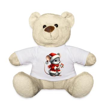 Cute Mouse with Santa Hat and Berry Branch - Teddy Bear - white - Front