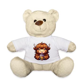 Adorable Highland Cow with Bubble Tea - Teddy Bear - white - Front
