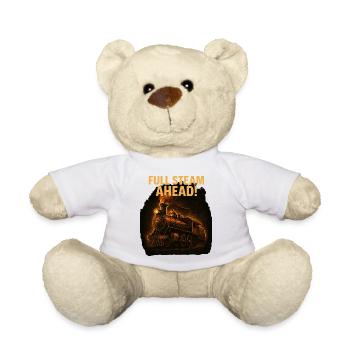 Steam locomotive, motif with fire and smoke - Teddy Bear - white - Front