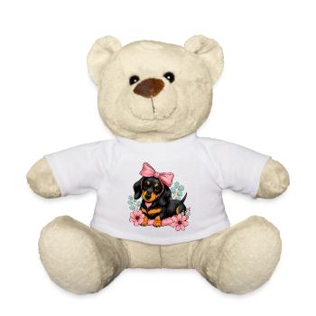 Dachshund with pink ribbon and flowers - Teddy Bear - white - Front