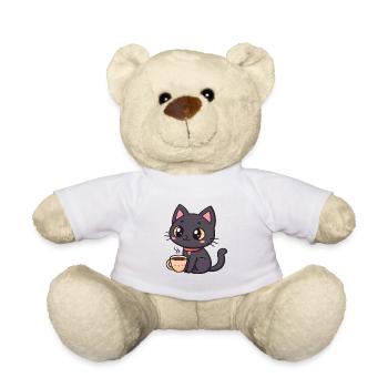 Warme schwarze Katze mit Tee - Teddy - Weiß - Vorne