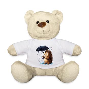 Cheerful hedgehog with umbrella in the rain - Teddy Bear - white - Front