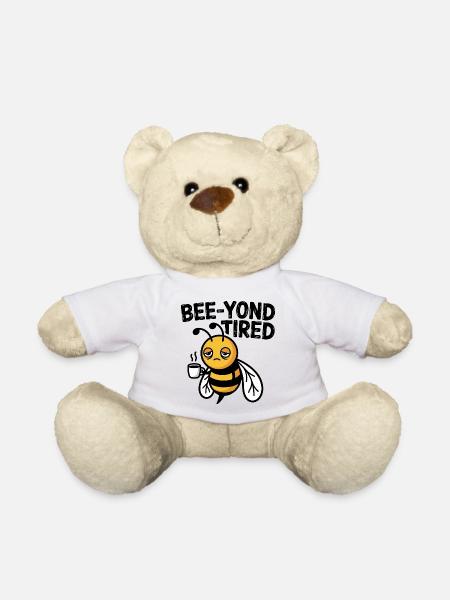 Bee-yond Tired Sleepy Bee with Coffee Cup - Teddy Bear - white