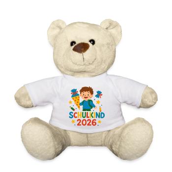 Schulkind 2026 – bunte Schulwelt - Teddy - Weiß - Vorne