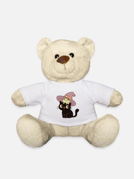 Schwarze Katze im Hexenhut mit Frosch  - Teddy - Weiß