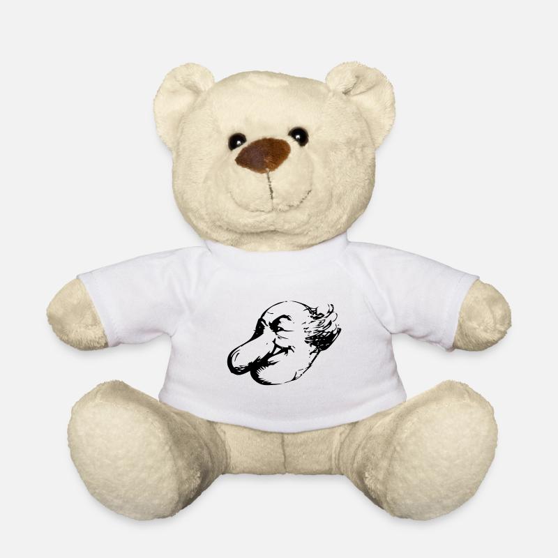 Satire comic. Man with big nose. Grandpa - Teddy Bear - white