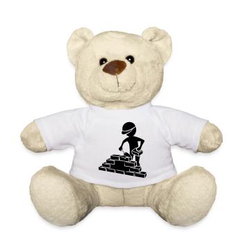 Bauarbeiter mit Maurerkelle, Mörtel und Mauer - Teddy - Weiß - Vorne