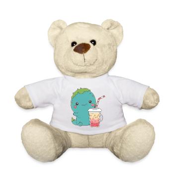 Kawaii Cute Happy Colorful Dino Drinking Tea - Teddy Bear - white - Front