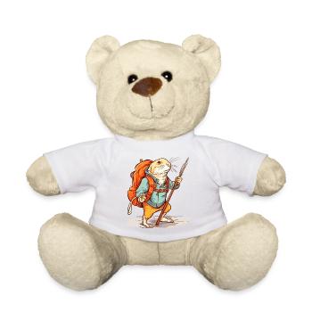 Mole rat as a hiker with stick and backpack - Teddy Bear - white - Front