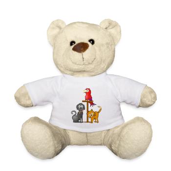 Black dog, orange cat and parrot on a stick - Teddy Bear - white - Front