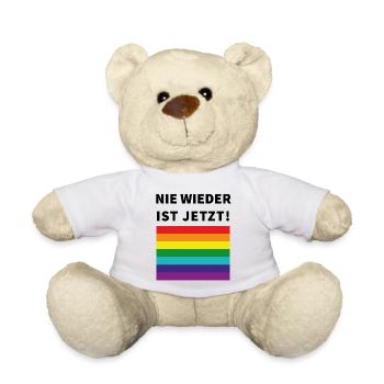 Nie wieder ist jetzt! Schriftzug und Pride Flagge - Teddy - Weiß - Vorne