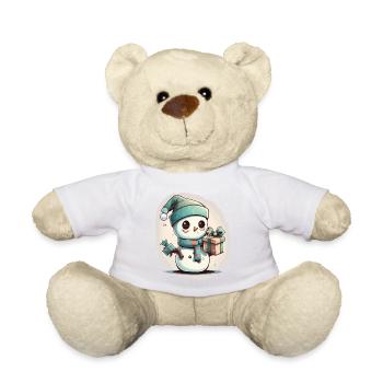 Festliches Vergnügen: Cartoon Schneemann mit Geschenk - Teddy - Weiß - Vorne
