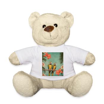 Zwei Papageien auf einem Ast mit Hibiskusblüten - Teddy - Weiß - Vorne