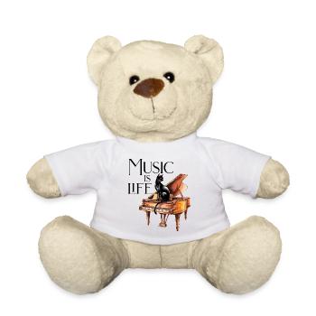 Music is Life - Black Cat Pianist on Piano - Teddy Bear - white - Front