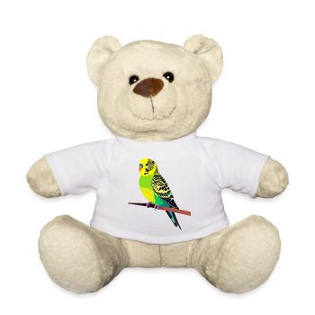 Colorful budgie on branch motif yellow green blue - Teddy Bear - white - Front