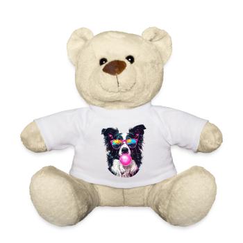 Border Collie with Sunglasses and Bubblegum - Teddy Bear - white - Front