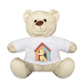 Cuddly dog in front of colorful house - Teddy Bear - white - Front