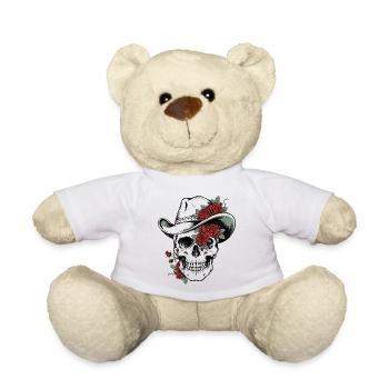 Skull Skull Cowboy Hat Roses Blossoms Western - Teddy Bear - white - Front