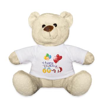 60e Joyeux anniversaire ballons bougies et cadeaux - Nounours - blanc - Devant