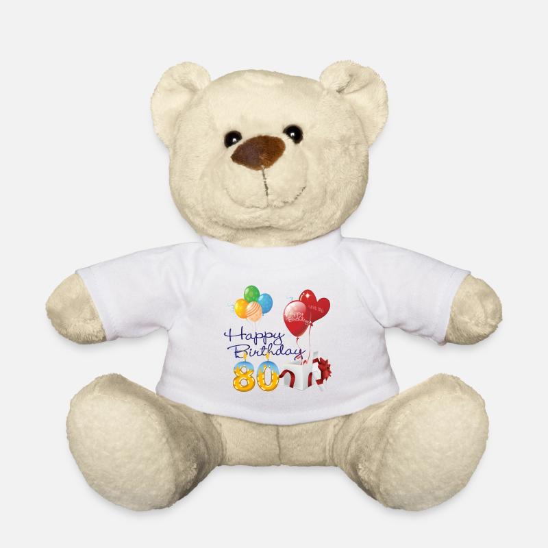 80. Alles Gute zum Geburtstag Luftballons vorhanden & Kerzen - Teddy - Weiß