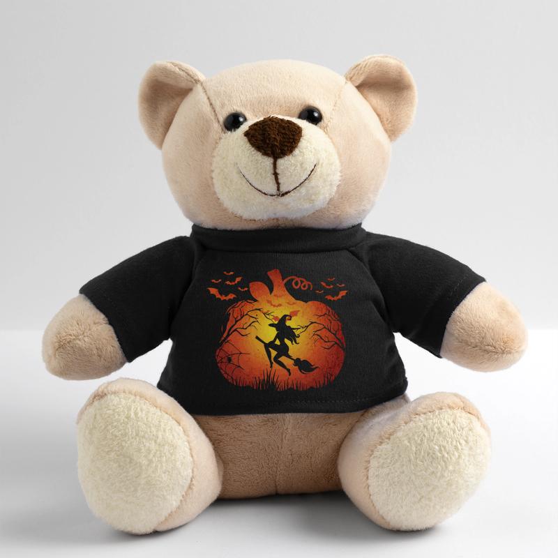 Halloween witch on broomstick wearing wizards has Teddy Bear