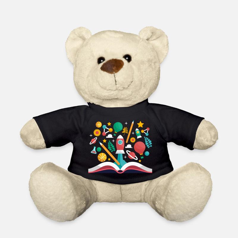 Offenes Buch mit Schulobjekten, Lernen und Pädagogik - Teddy - Schwarz