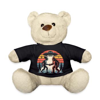 Alien and Bigfoot Retro Sunset UFO - Teddy Bear - black - Front
