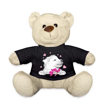 Glücklicher Schweizer Schäferhund mit Blumen und Herzen - Teddy - Schwarz - Vorne