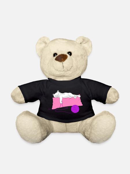 Sleeping shirt cat on pillow with balls of wool - Teddy Bear - black