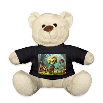 cute little green retro alien is woodcutting - Teddy Bear - black - Front