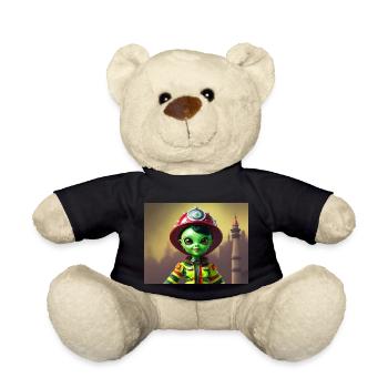 niedliche kleine grüne Retro Vintage Alien Feuerwehrmann - Teddy - Schwarz - Vorne