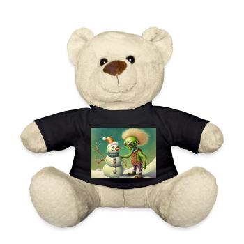 alien is building a snowman - Teddy Bear - black - Front