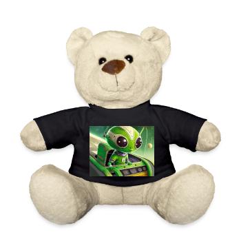 cute little green retro vintage alien flying a UFO - Teddy Bear - black - Front