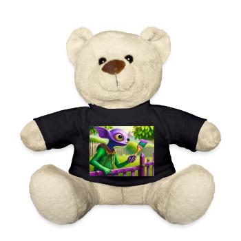 cute little green vintage alienpainting a fence - Teddy Bear - black - Front