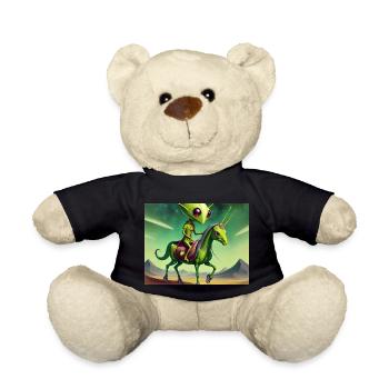 cute little green vintage alien riding a horse - Teddy Bear - black - Front