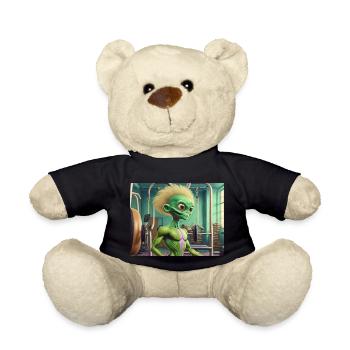 cute little green retro vintage alien workout gym - Teddy Bear - black - Front