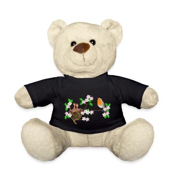 Robins, nest, cherry blossoms - Teddy Bear - black - Front