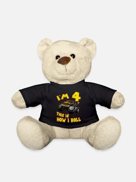 4th birthday monster truck gift car kids - Teddy Bear - black