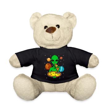 Alien Alien UFO Eating Pizza - Teddy Bear - black - Front