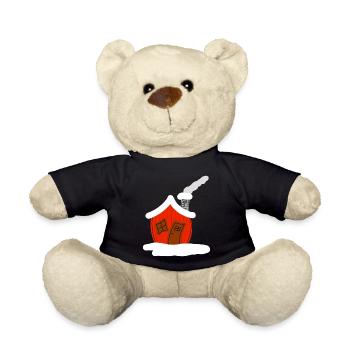 Red log cabin with snow on the roof - Teddy Bear - black - Front