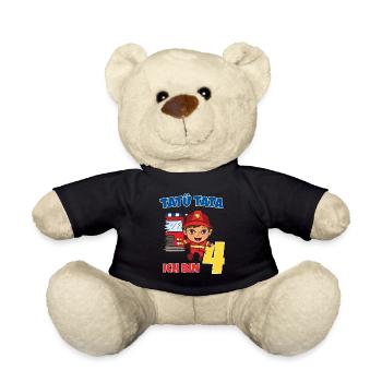 Geburtstagsshirt 4 Jahre Feuerwehr Geschenke - Teddy - Schwarz - Vorne